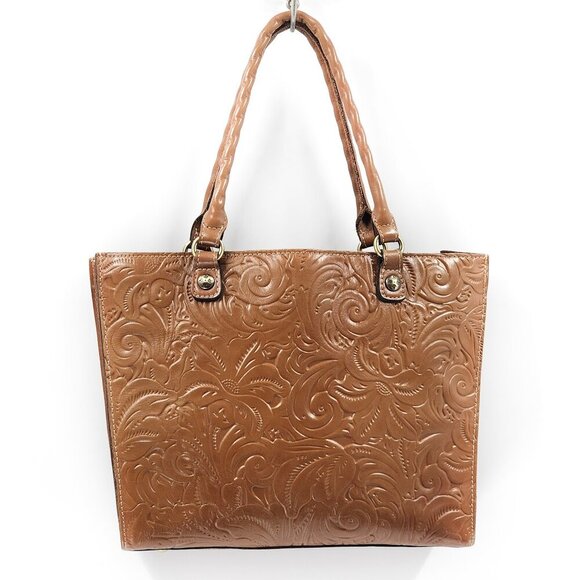 PATRICIA NASH Zancona Tooled Florence Brown Cognac Leather Tote - Picture 1 of 9